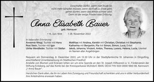 Traueranzeige Anna Elisabeth Bauer