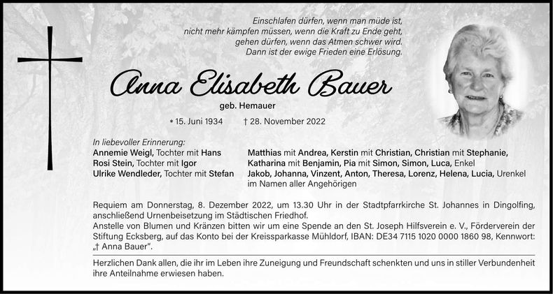 Traueranzeige Anna Elisabeth Bauer