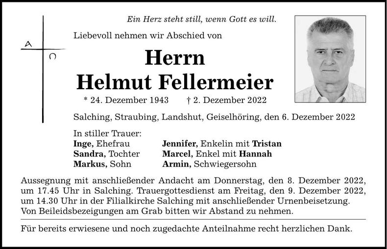 Traueranzeige Helmut Fellermeier