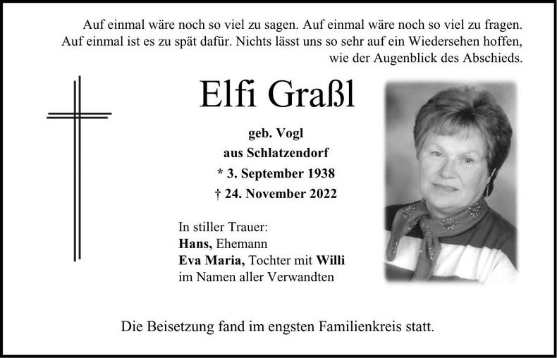 Traueranzeige Elfriede Grassl