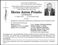 Traueranzeige Anton Primbs