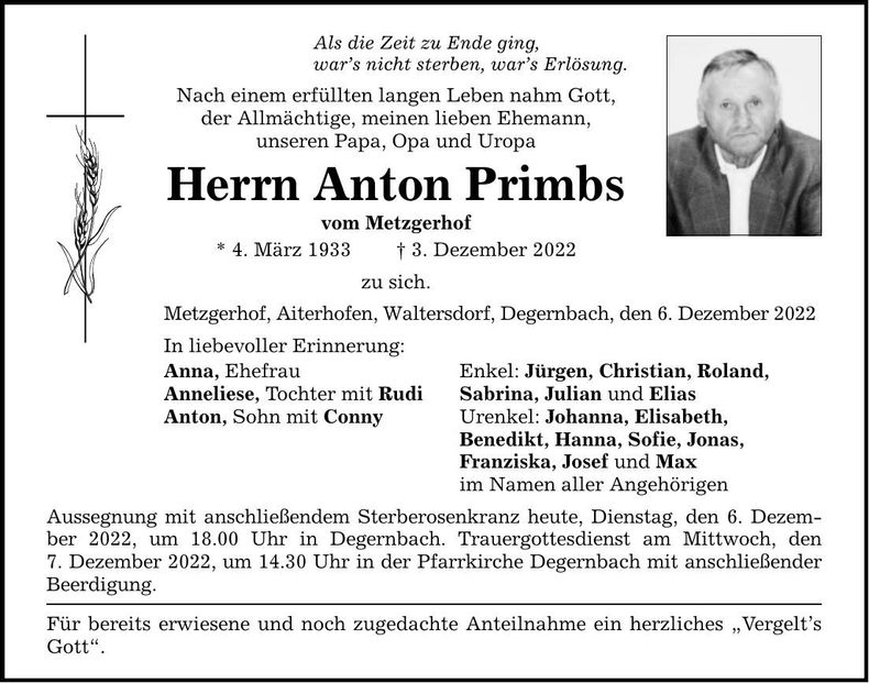 Traueranzeige Anton Primbs
