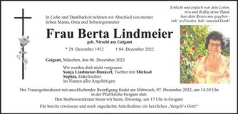 Traueranzeige Berta Lindmeier