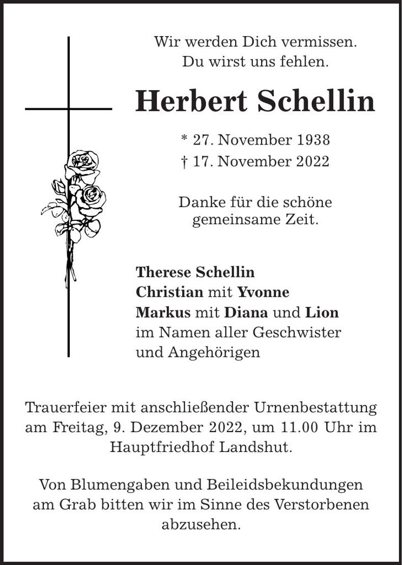 Traueranzeige Herbert Schellin