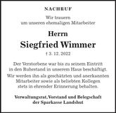 Traueranzeige Siegfried Wimmer