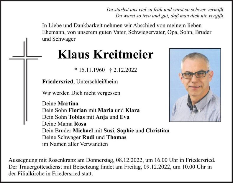 Traueranzeige Klaus Kreitmeier