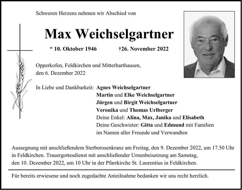 Traueranzeige Max Weichselgartner