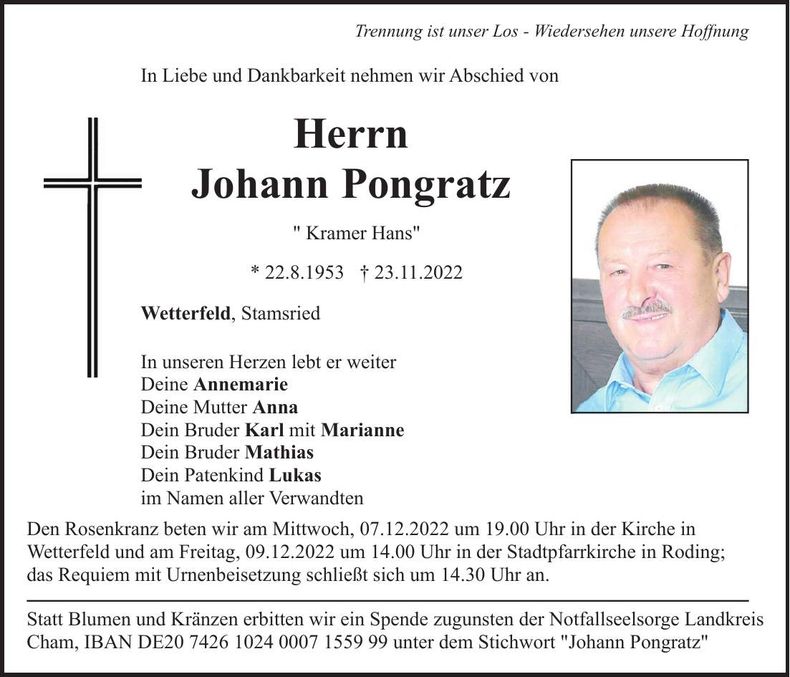 Traueranzeige Johann Pongratz