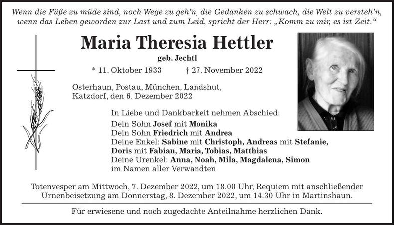 Traueranzeige Maria Theresia Hettler
