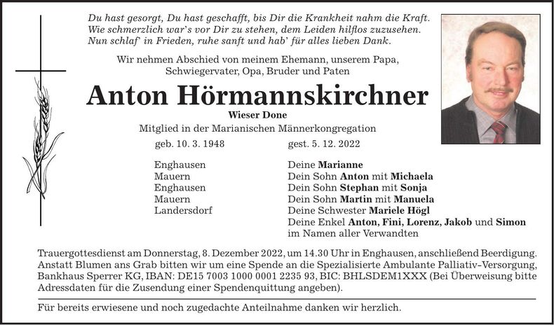 Traueranzeige Anton Hörmannskirchner