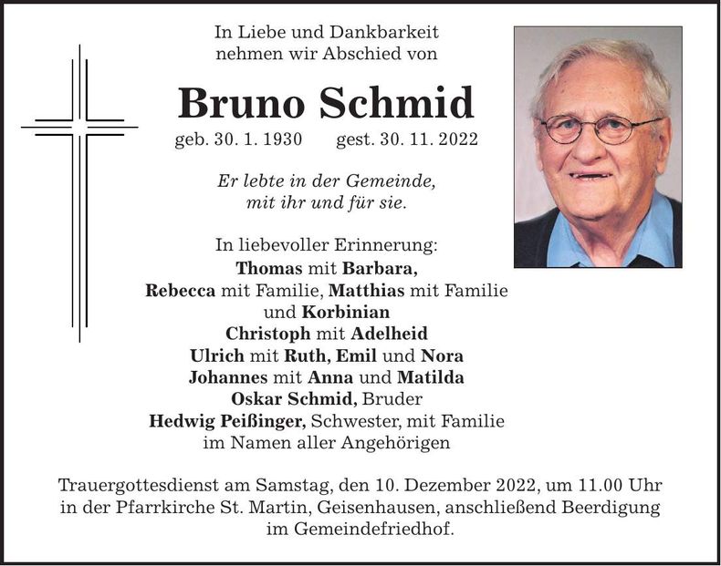 Traueranzeige Bruno Schmid