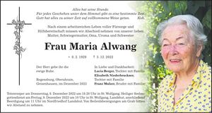 Traueranzeige Maria Alwang