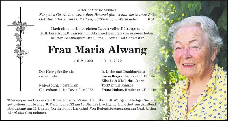 Traueranzeige Maria Alwang