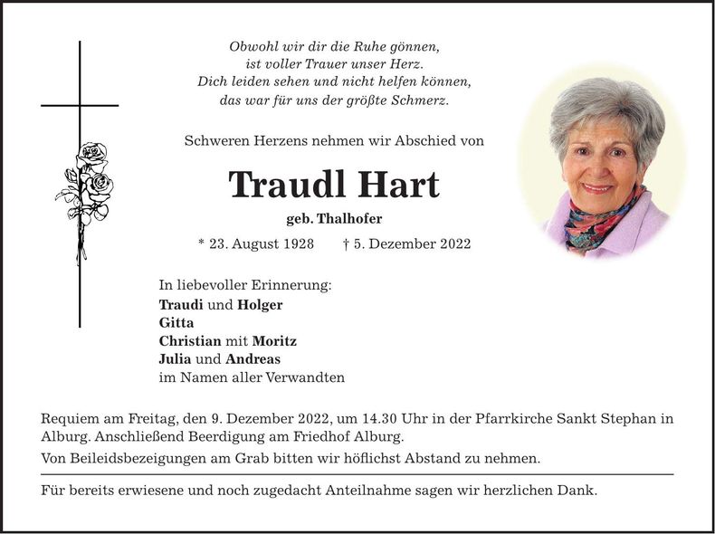 Traueranzeige Traudl Hart