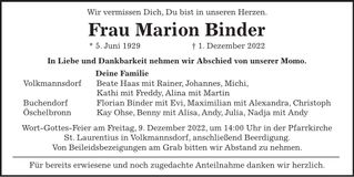 Traueranzeige Marion Binder