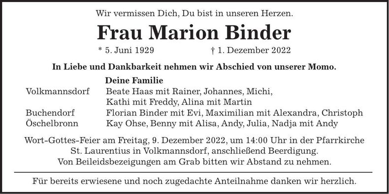 Traueranzeige Marion Binder