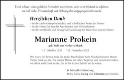 Traueranzeige Marianne Prokein