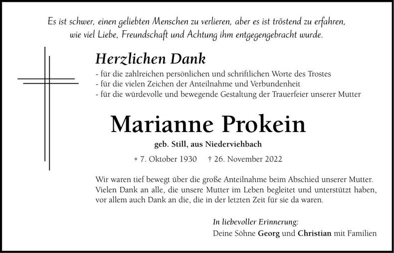 Traueranzeige Marianne Prokein