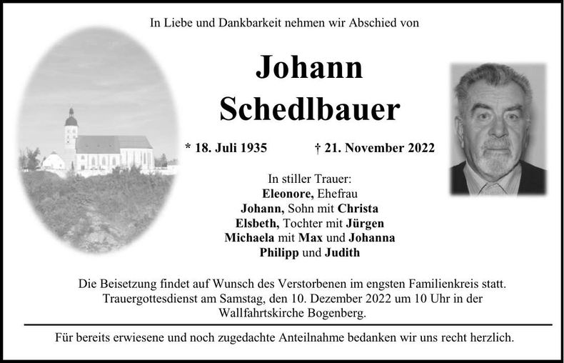 Traueranzeige Johann Schedlbauer