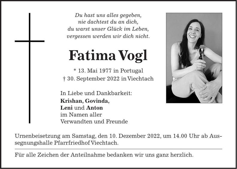 Traueranzeige Fatima Vogl