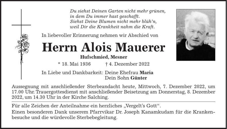 Traueranzeige Alois Mauerer