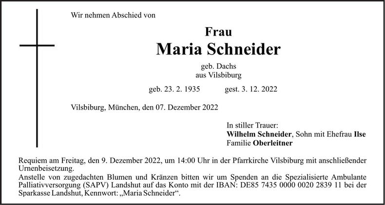 Traueranzeige Maria Schneider