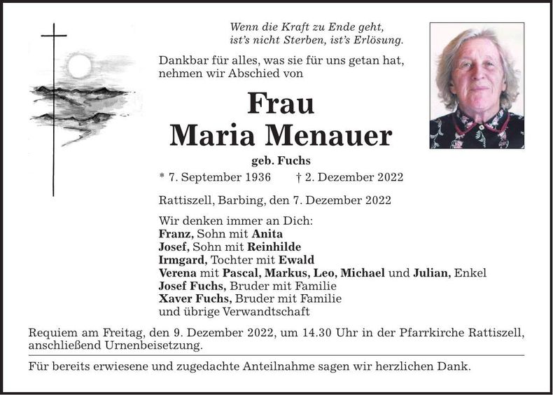 Traueranzeige Maria Menauer