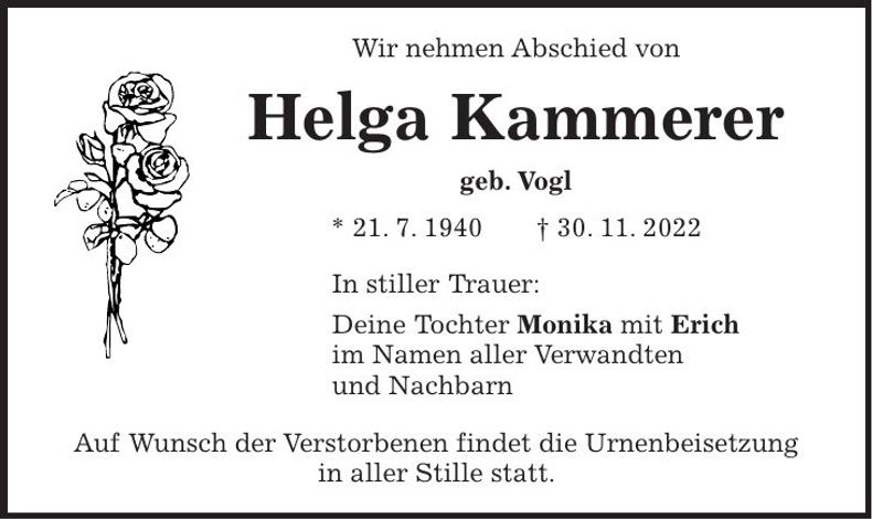 Traueranzeige Helga Kammerer