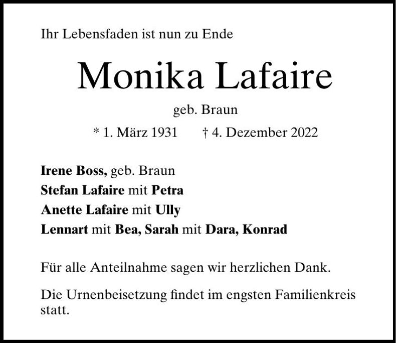 Traueranzeige Monika Lafaire