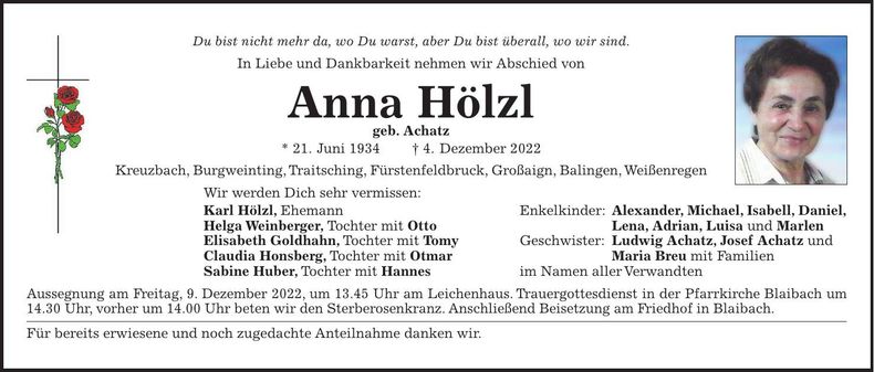 Traueranzeige Anna Hölzl
