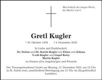 Traueranzeige Gretl Kugler