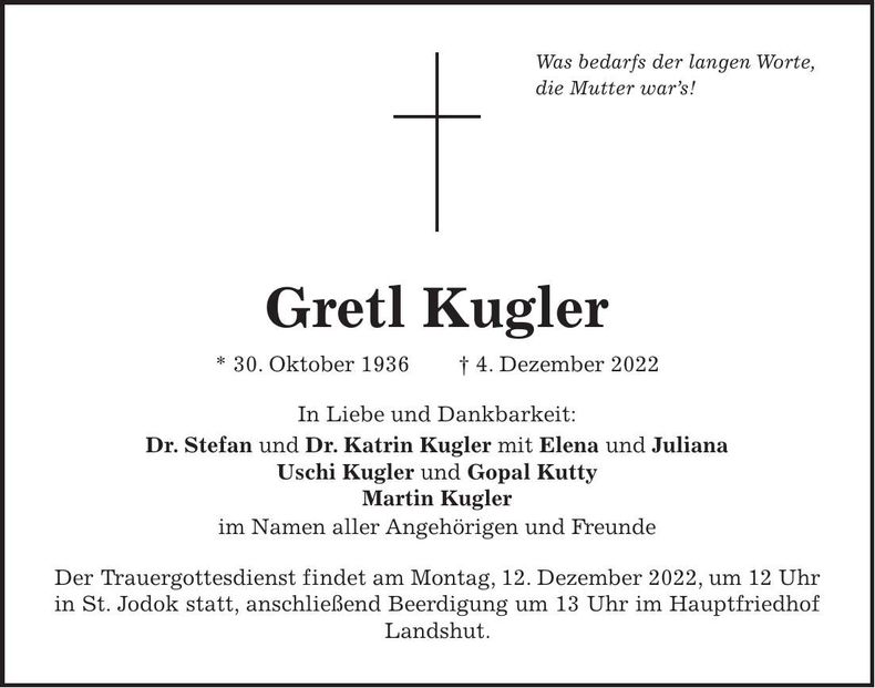 Traueranzeige Gretl Kugler