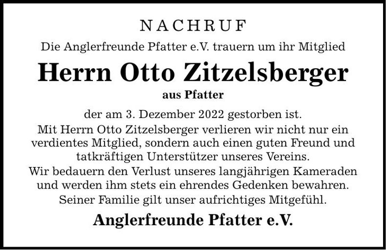 Traueranzeige Otto Zitzelsberger