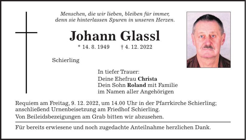 Traueranzeige Johann Glassl