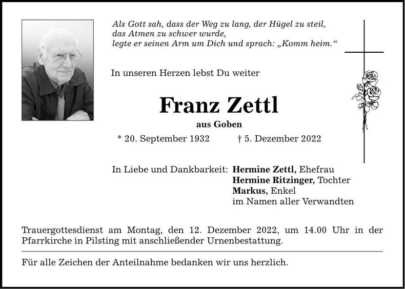 Traueranzeige Franz Zettl