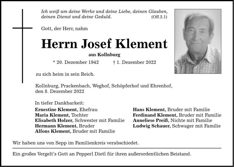 Traueranzeige Josef Klement