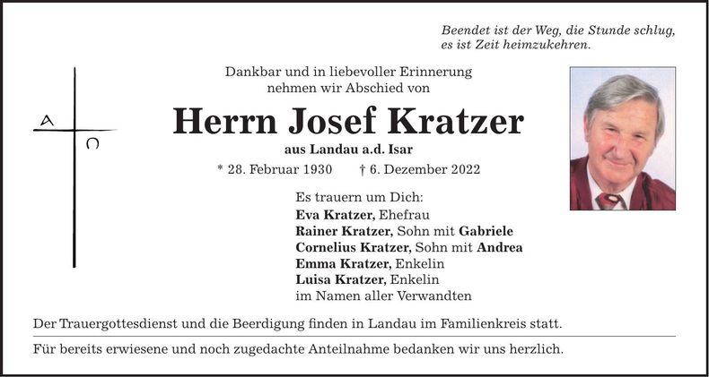 Traueranzeige Josef Kratzer