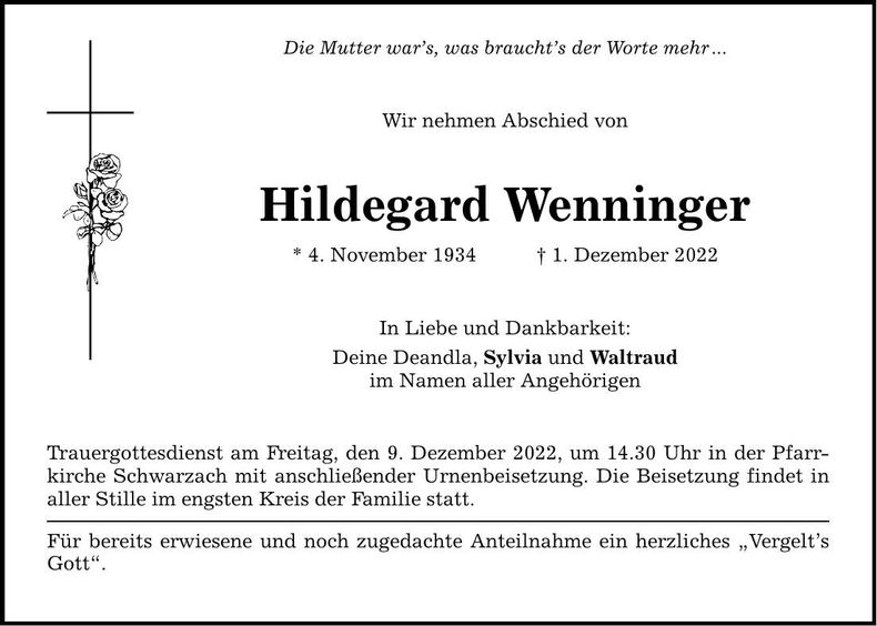 Traueranzeige Hildegard Wenninger