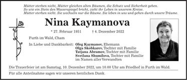 Traueranzeige Nina Kayamonova