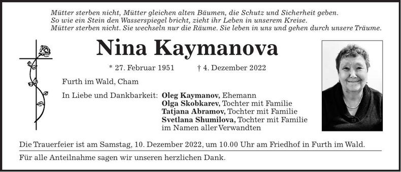 Traueranzeige Nina Kayamonova
