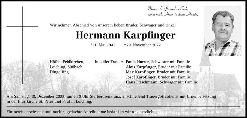 Traueranzeige Hermann Karpfinger