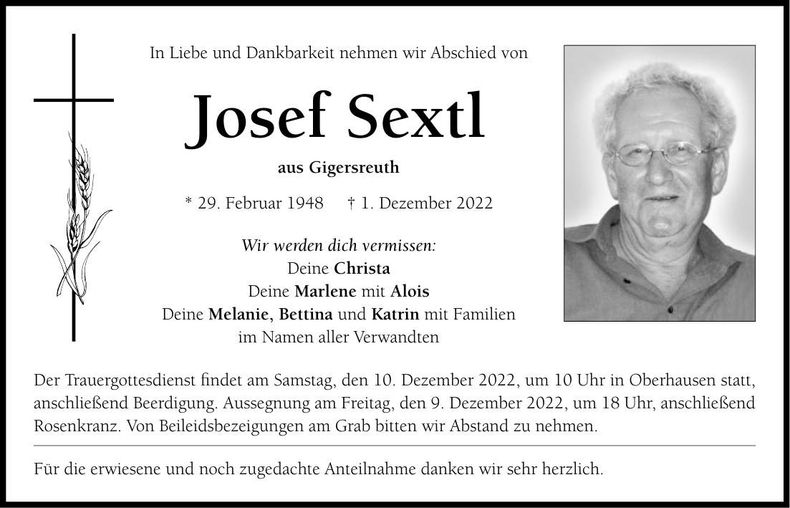 Traueranzeige Josef Sextl