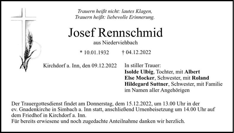 Traueranzeige Josef Rennschmid
