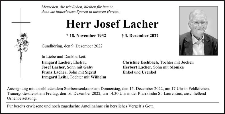 Traueranzeige Josef Lacher