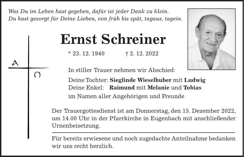 Traueranzeige Ernst Schreinger