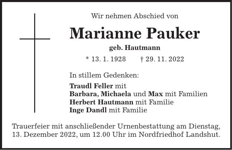Traueranzeige Marianne Pauker