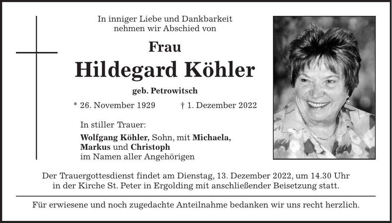 Traueranzeige Hildegard Köhler