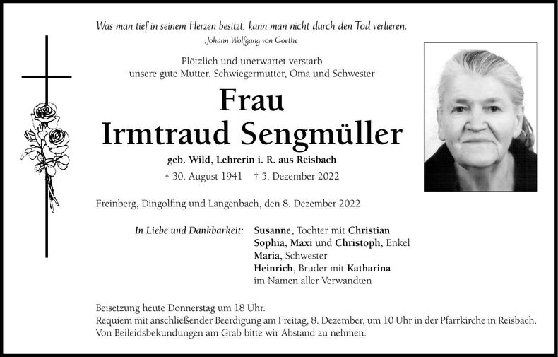 Traueranzeige Irmtraud Sengmüller
