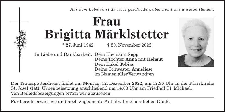 Traueranzeige Brigitta Märklstetter
