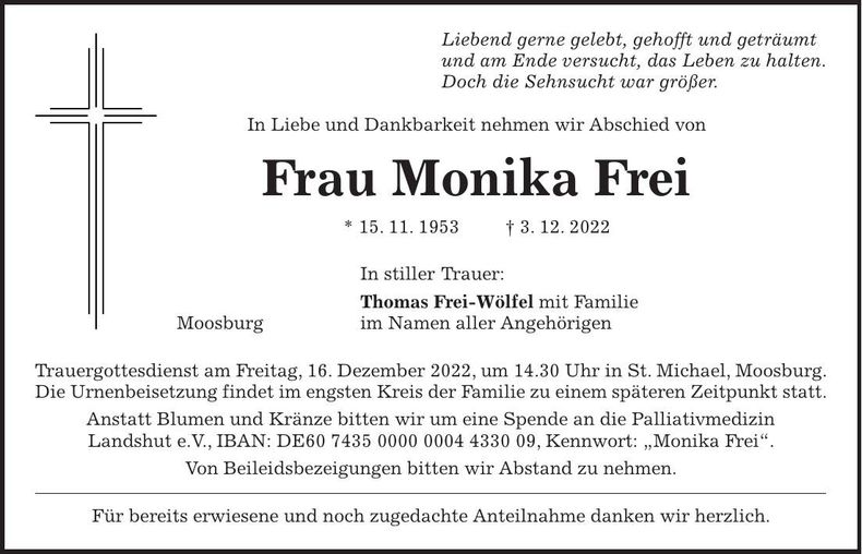 Traueranzeige Monika Frei